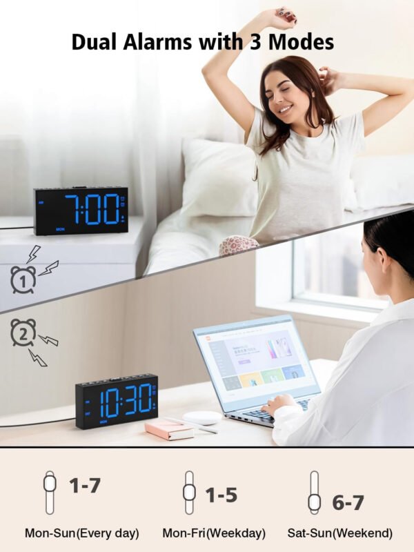 PPLEE Reloj despertador fuerte con agitador de cama, despertador vibratorio para personas con problemas auditivos sordos, 2 alarmas de vibración de 3 niveles para modo día laboral/diario, 5 - Imagen 3
