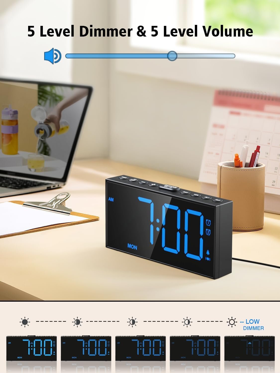 PPLEE Reloj despertador fuerte con agitador de cama, despertador vibratorio para personas con problemas auditivos sordos, 2 alarmas de vibración de 3 niveles para modo día laboral/diario, 5 - Imagen 4