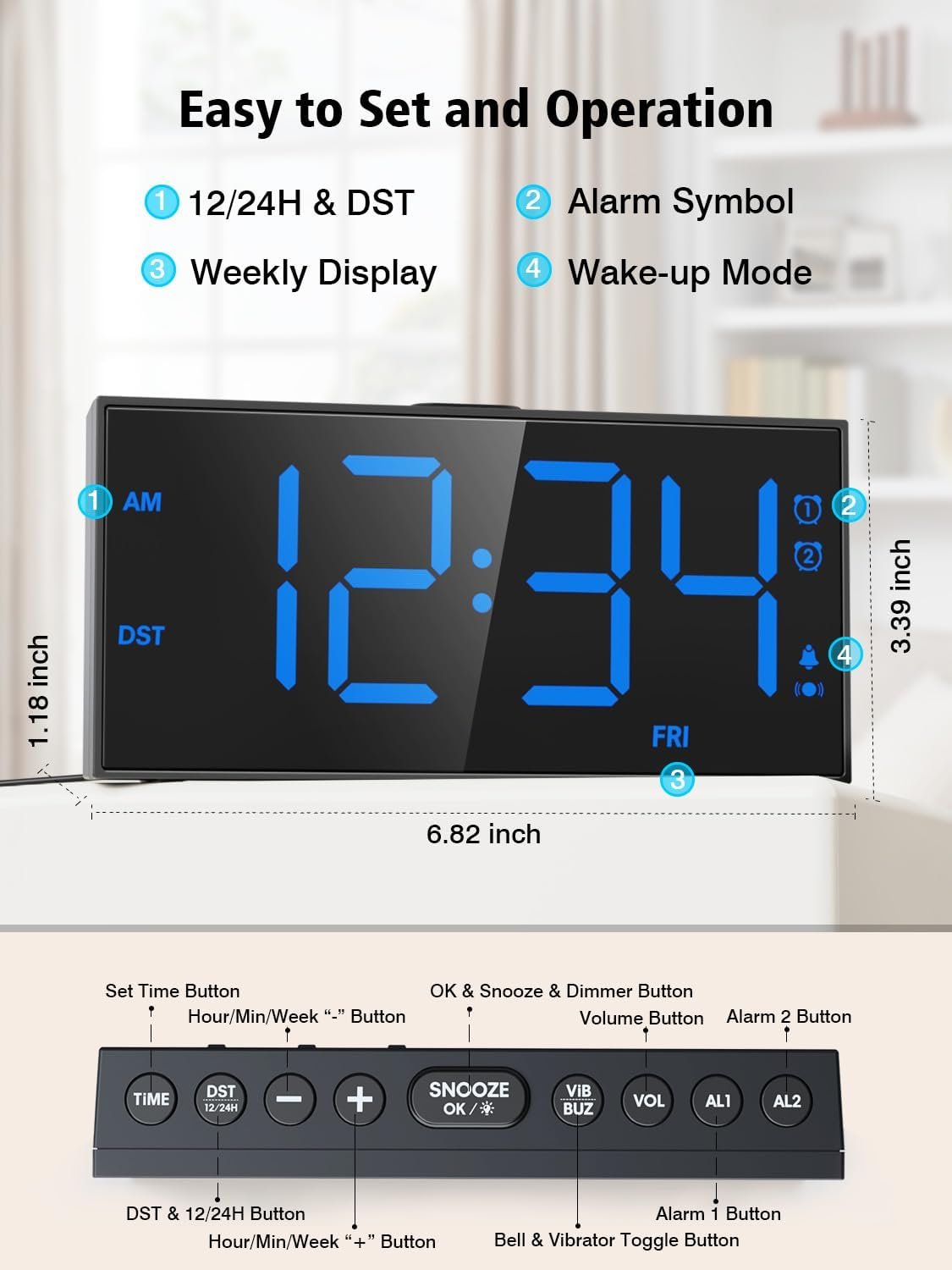 PPLEE Reloj despertador fuerte con agitador de cama, despertador vibratorio para personas con problemas auditivos sordos, 2 alarmas de vibración de 3 niveles para modo día laboral/diario, 5 - Imagen 5