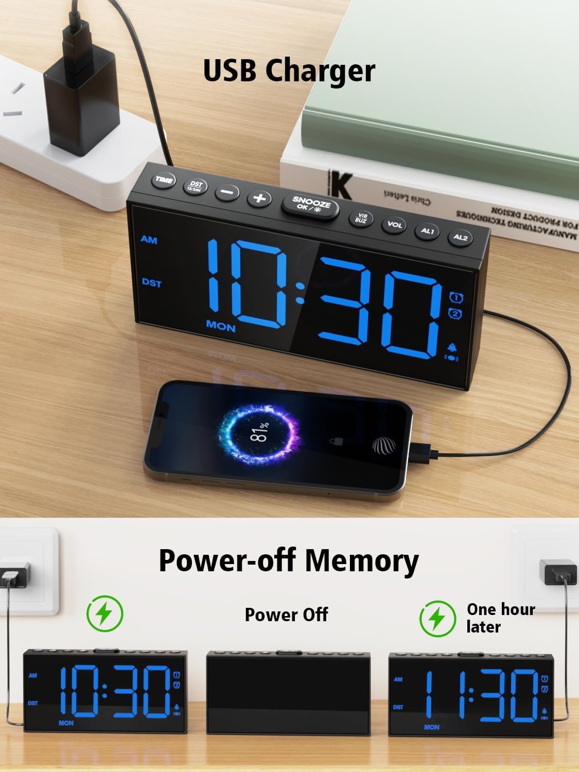 PPLEE Reloj despertador fuerte con agitador de cama, despertador vibratorio para personas con problemas auditivos sordos, 2 alarmas de vibración de 3 niveles para modo día laboral/diario, 5 - Imagen 6