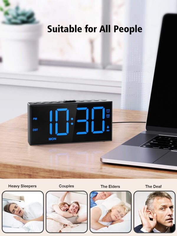PPLEE Reloj despertador fuerte con agitador de cama, despertador vibratorio para personas con problemas auditivos sordos, 2 alarmas de vibración de 3 niveles para modo día laboral/diario, 5 - Imagen 7