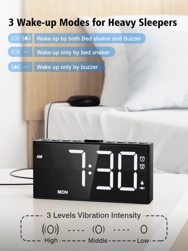PPLEE Reloj despertador fuerte con agitador de cama, despertador vibratorio para personas con problemas auditivos sordos, 2 alarmas de vibración de 3 niveles para modo día laboral/diario, 5 - Imagen 9