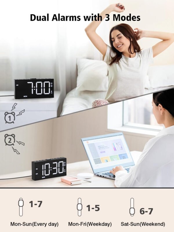 PPLEE Reloj despertador fuerte con agitador de cama, despertador vibratorio para personas con problemas auditivos sordos, 2 alarmas de vibración de 3 niveles para modo día laboral/diario, 5 - Imagen 10