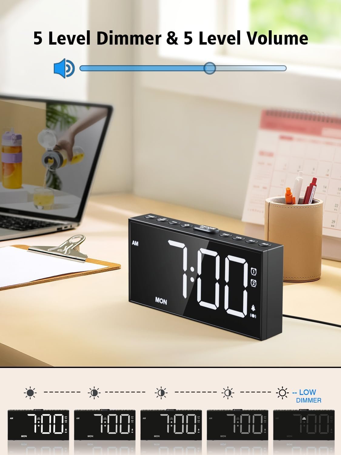 PPLEE Reloj despertador fuerte con agitador de cama, despertador vibratorio para personas con problemas auditivos sordos, 2 alarmas de vibración de 3 niveles para modo día laboral/diario, 5 - Imagen 11