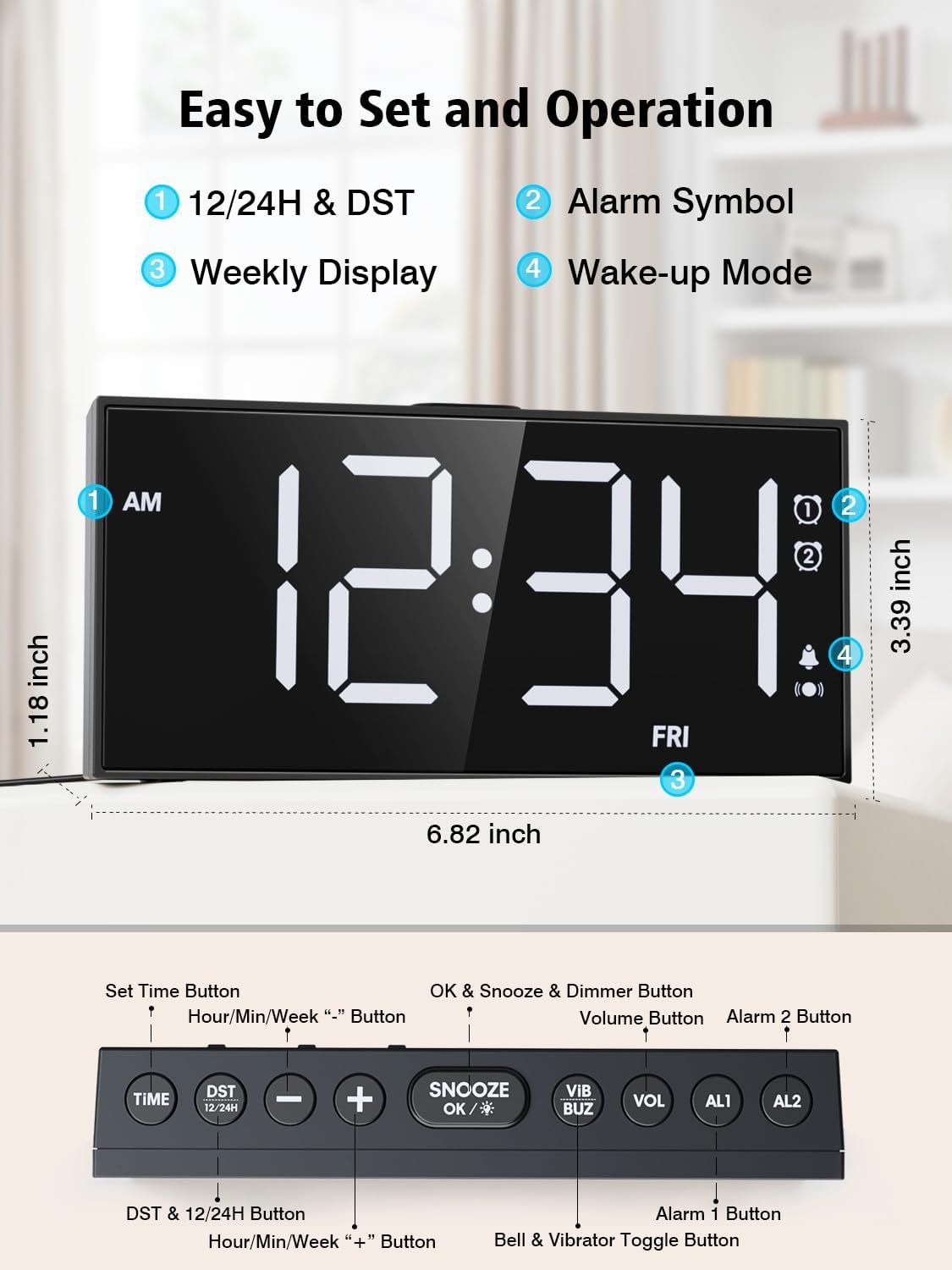 PPLEE Reloj despertador fuerte con agitador de cama, despertador vibratorio para personas con problemas auditivos sordos, 2 alarmas de vibración de 3 niveles para modo día laboral/diario, 5 - Imagen 12