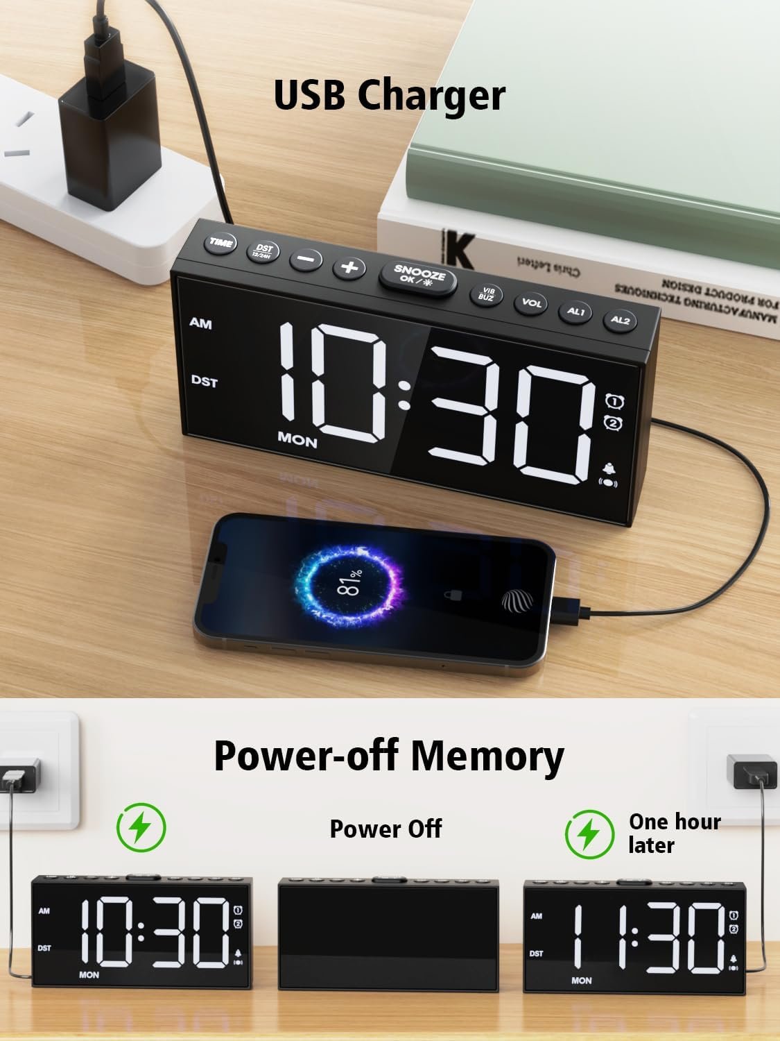 PPLEE Reloj despertador fuerte con agitador de cama, despertador vibratorio para personas con problemas auditivos sordos, 2 alarmas de vibración de 3 niveles para modo día laboral/diario, 5 - Imagen 13