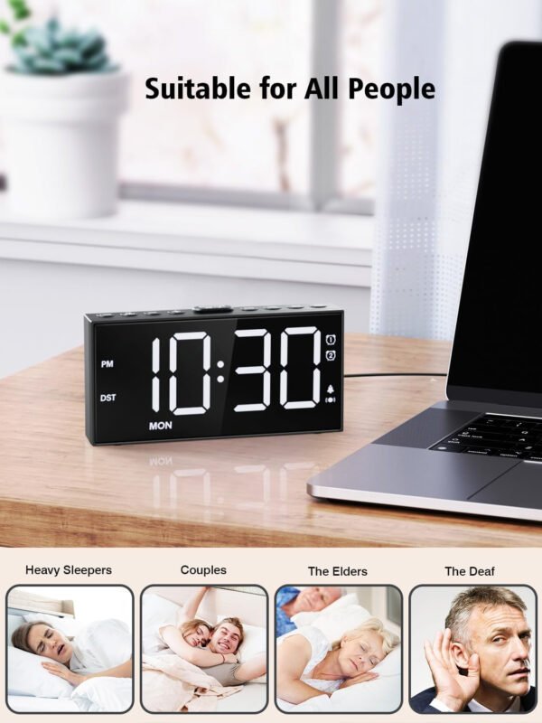 PPLEE Reloj despertador fuerte con agitador de cama, despertador vibratorio para personas con problemas auditivos sordos, 2 alarmas de vibración de 3 niveles para modo día laboral/diario, 5 - Imagen 14
