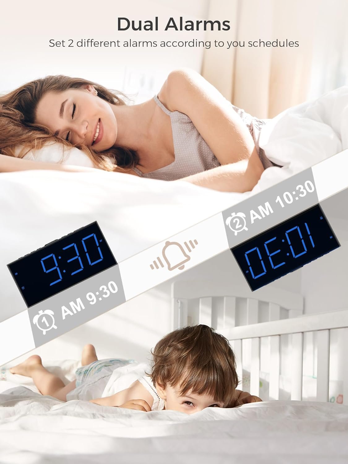 PPLEE Reloj despertador fuerte con agitador de cama, despertador vibratorio para personas con problemas auditivos sordos, 2 alarmas de vibración de 3 niveles para modo día laboral/diario, 5 - Imagen 17