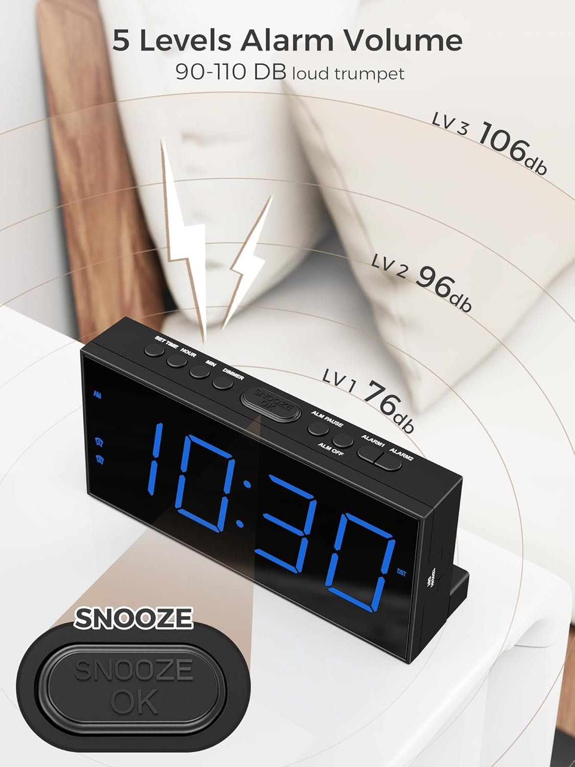 PPLEE Reloj despertador fuerte con agitador de cama, despertador vibratorio para personas con problemas auditivos sordos, 2 alarmas de vibración de 3 niveles para modo día laboral/diario, 5 - Imagen 18