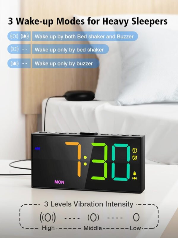 PPLEE Reloj despertador fuerte con agitador de cama, despertador vibratorio para personas con problemas auditivos sordos, 2 alarmas de vibración de 3 niveles para modo día laboral/diario, 5 - Imagen 23