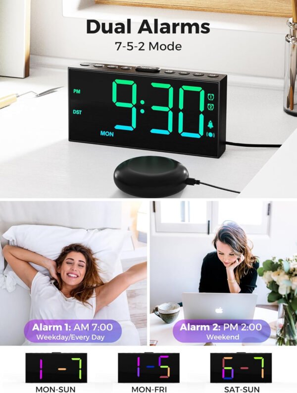 PPLEE Reloj despertador fuerte con agitador de cama, despertador vibratorio para personas con problemas auditivos sordos, 2 alarmas de vibración de 3 niveles para modo día laboral/diario, 5 - Imagen 26