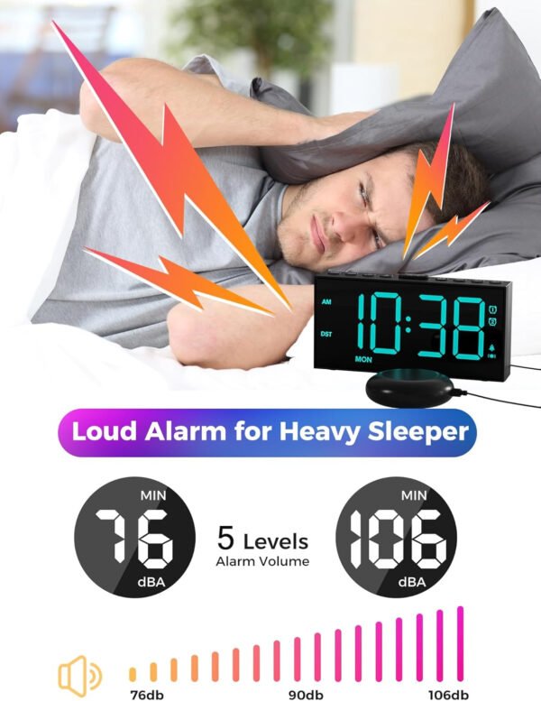 PPLEE Reloj despertador fuerte con agitador de cama, despertador vibratorio para personas con problemas auditivos sordos, 2 alarmas de vibración de 3 niveles para modo día laboral/diario, 5 - Imagen 28