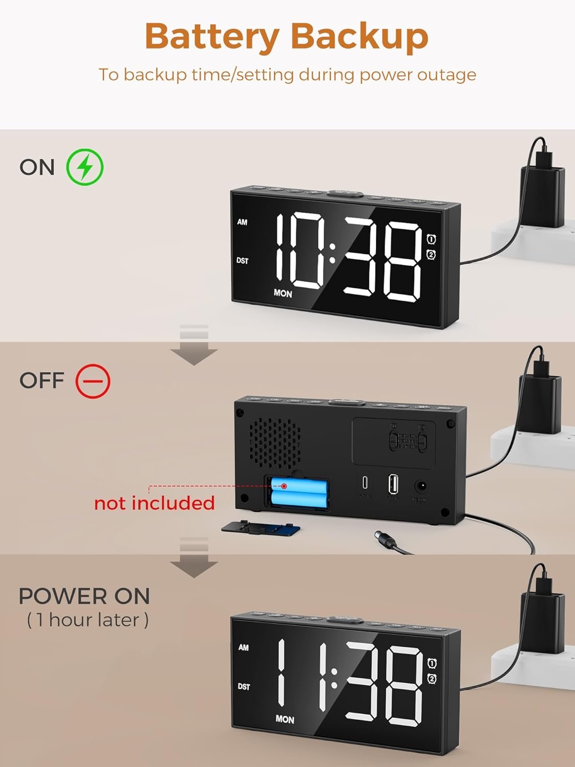 PPLEE Reloj despertador fuerte con agitador de cama, despertador vibratorio para personas con problemas auditivos sordos, 2 alarmas de vibración de 3 niveles para modo día laboral/diario, 5 - Imagen 35