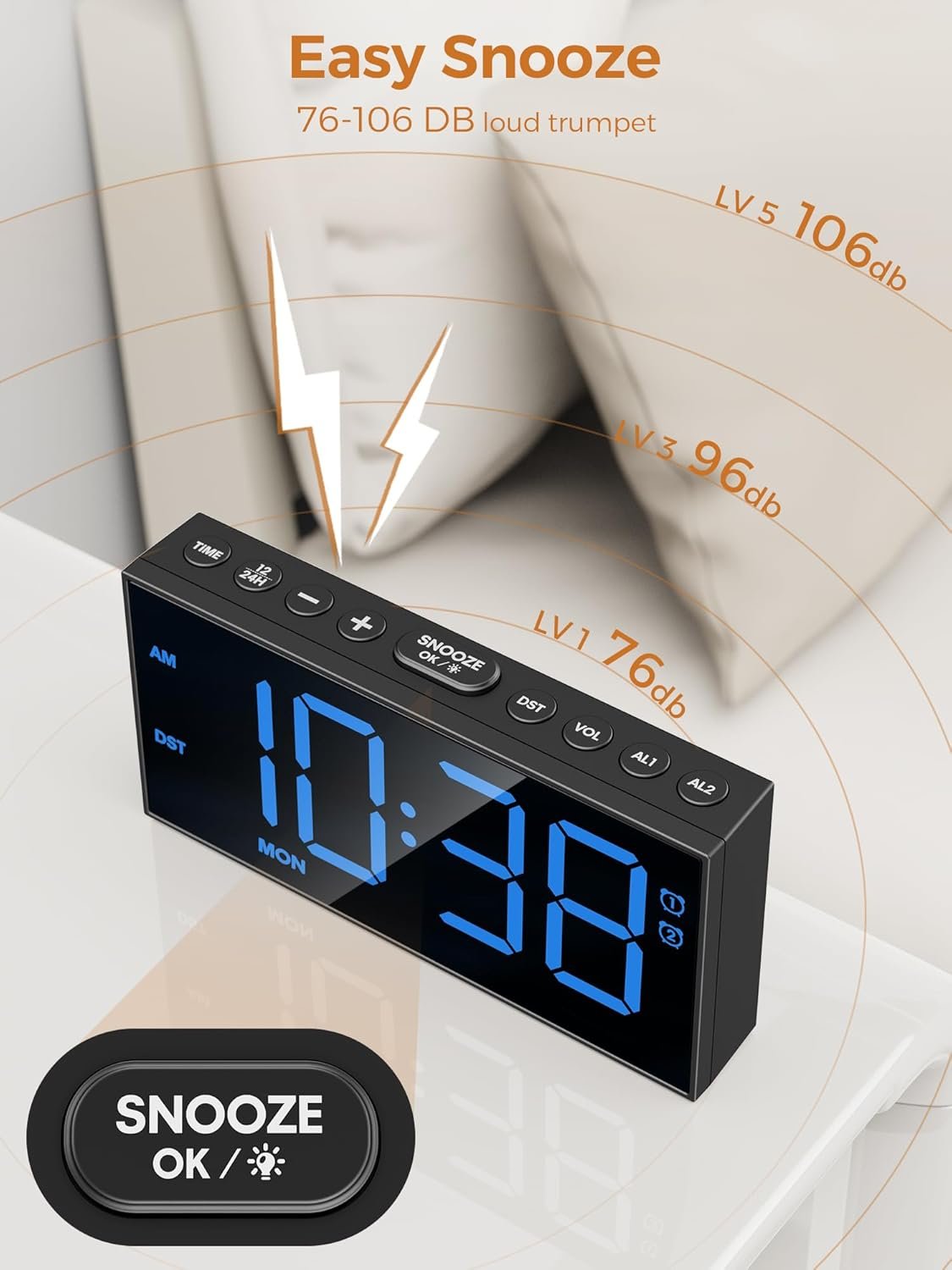 PPLEE Reloj despertador fuerte con agitador de cama, despertador vibratorio para personas con problemas auditivos sordos, 2 alarmas de vibración de 3 niveles para modo día laboral/diario, 5 - Imagen 41