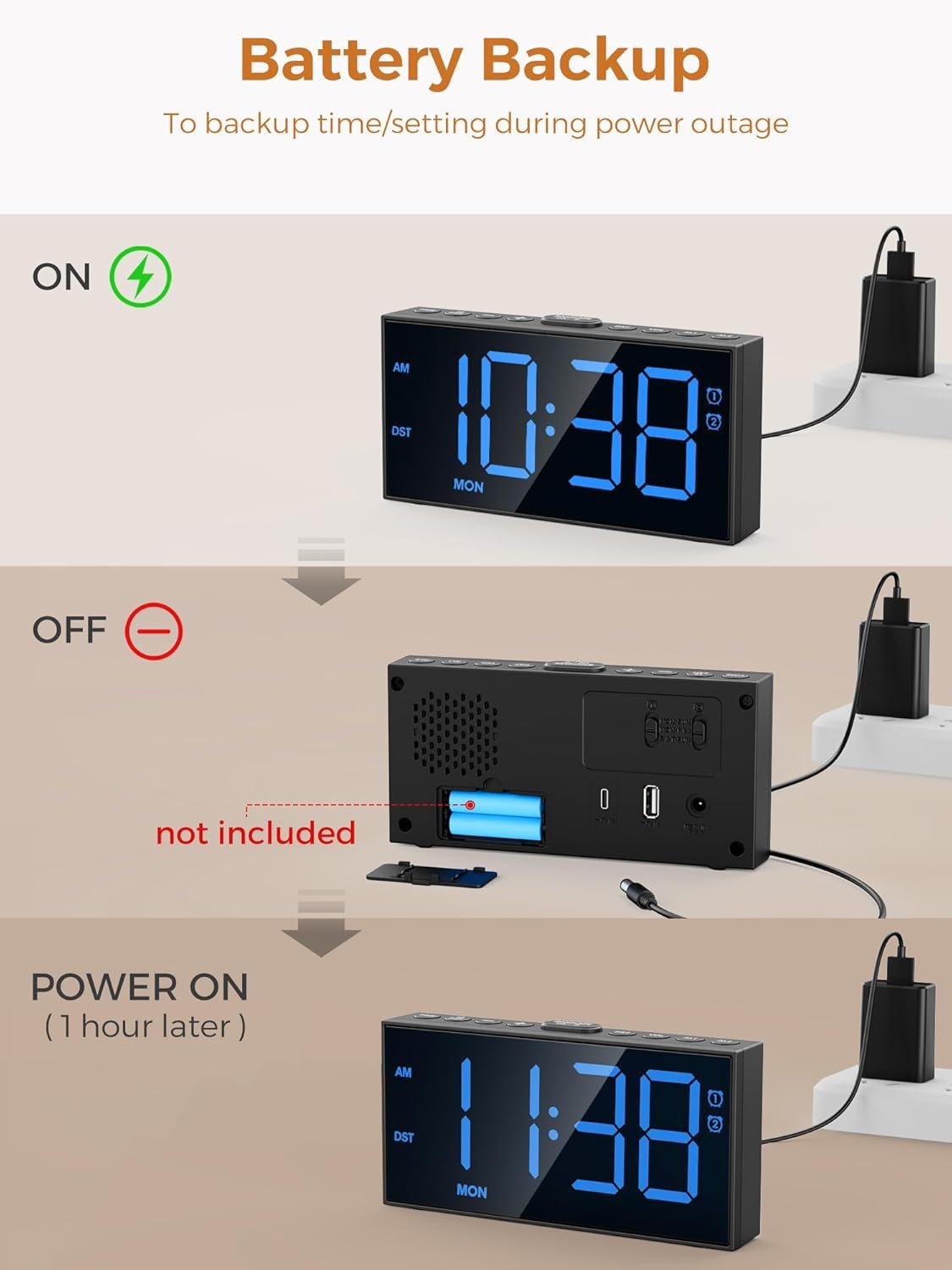 PPLEE Reloj despertador fuerte con agitador de cama, despertador vibratorio para personas con problemas auditivos sordos, 2 alarmas de vibración de 3 niveles para modo día laboral/diario, 5 - Imagen 43