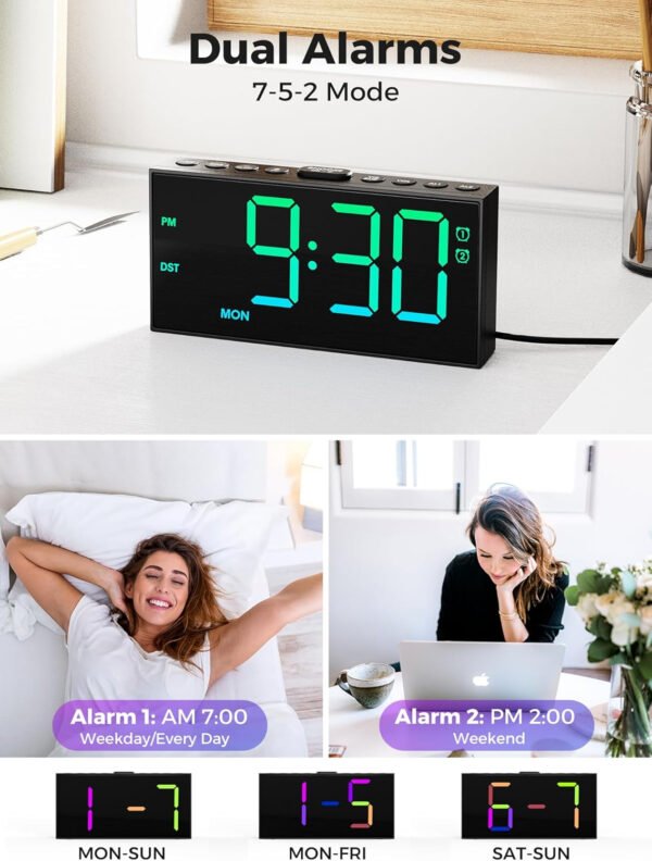 PPLEE Reloj despertador fuerte con agitador de cama, despertador vibratorio para personas con problemas auditivos sordos, 2 alarmas de vibración de 3 niveles para modo día laboral/diario, 5 - Imagen 58