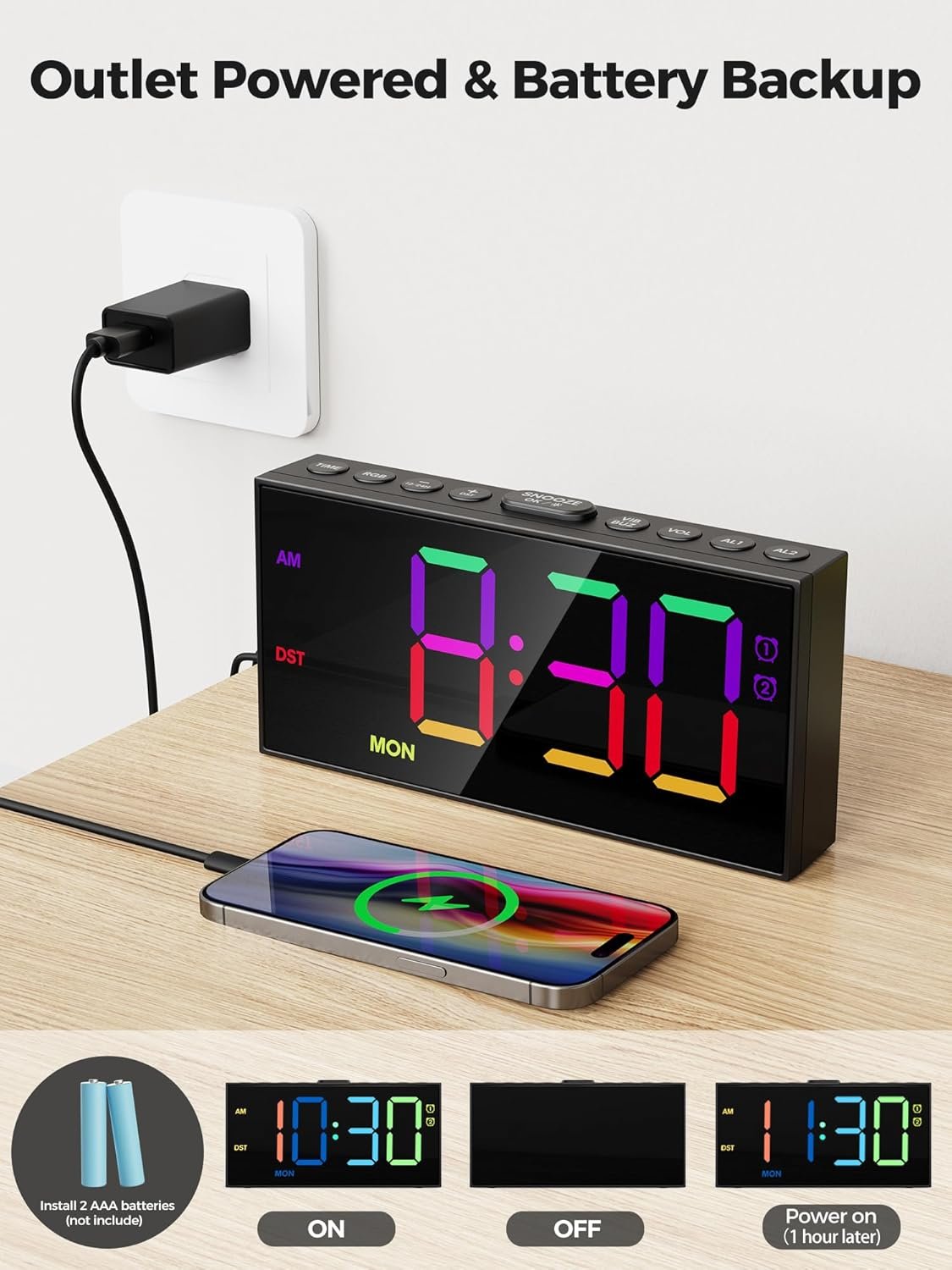 PPLEE Reloj despertador fuerte con agitador de cama, despertador vibratorio para personas con problemas auditivos sordos, 2 alarmas de vibración de 3 niveles para modo día laboral/diario, 5 - Imagen 59