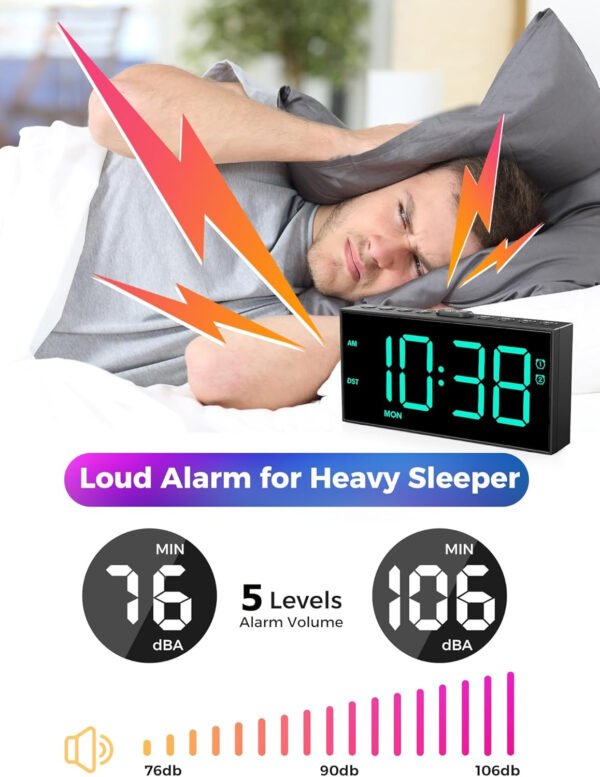 PPLEE Reloj despertador fuerte con agitador de cama, despertador vibratorio para personas con problemas auditivos sordos, 2 alarmas de vibración de 3 niveles para modo día laboral/diario, 5 - Imagen 60