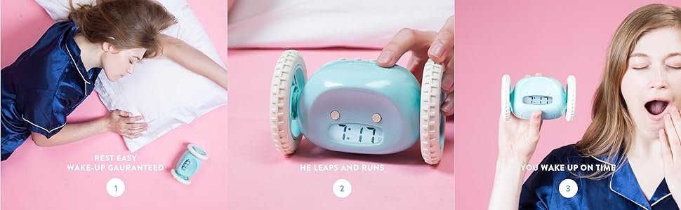 Alarma-reloj pesado-durmiente ruidoso correr rollo ocultar salto rueda rosa azul descanso get -up wake time café