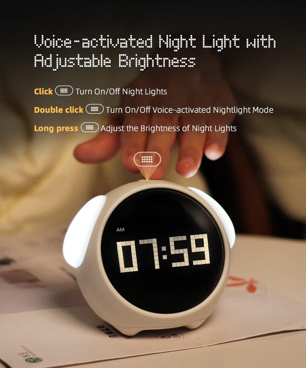 Reloj despertador para niños, ajuste de alarma doble, luz nocturna de brillo ajustable, activada por voz, detección de temperatura, reloj despertador, juguete y regalo para niños pequeños, - Imagen 5