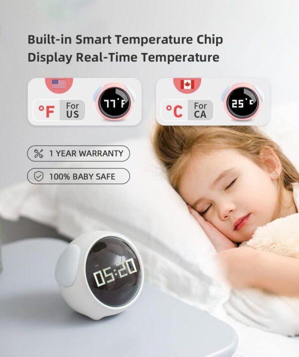 Reloj despertador para niños, ajuste de alarma doble, luz nocturna de brillo ajustable, activada por voz, detección de temperatura, reloj despertador, juguete y regalo para niños pequeños, - Imagen 6