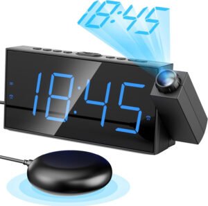 Reloj despertador digital con proyector para dormitorio, para proyección en pared y techo, vibrador, atenuador, pantalla LED grande, cargador USB, para personas con sueño pesado y con problemas auditivos, DST y formato de 12/24 horas