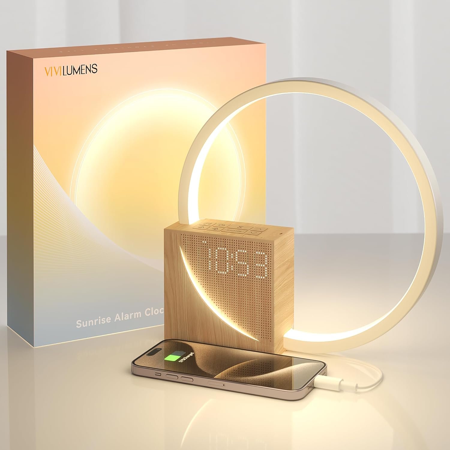 Vivilumens Reloj despertador Sunrise para adultos que duermen pesados, luz de despertador, ayuda para dormir, 10 máquinas de sonido de ruido blanco con temporizador 30/60/90, lámpara de mesa táctil