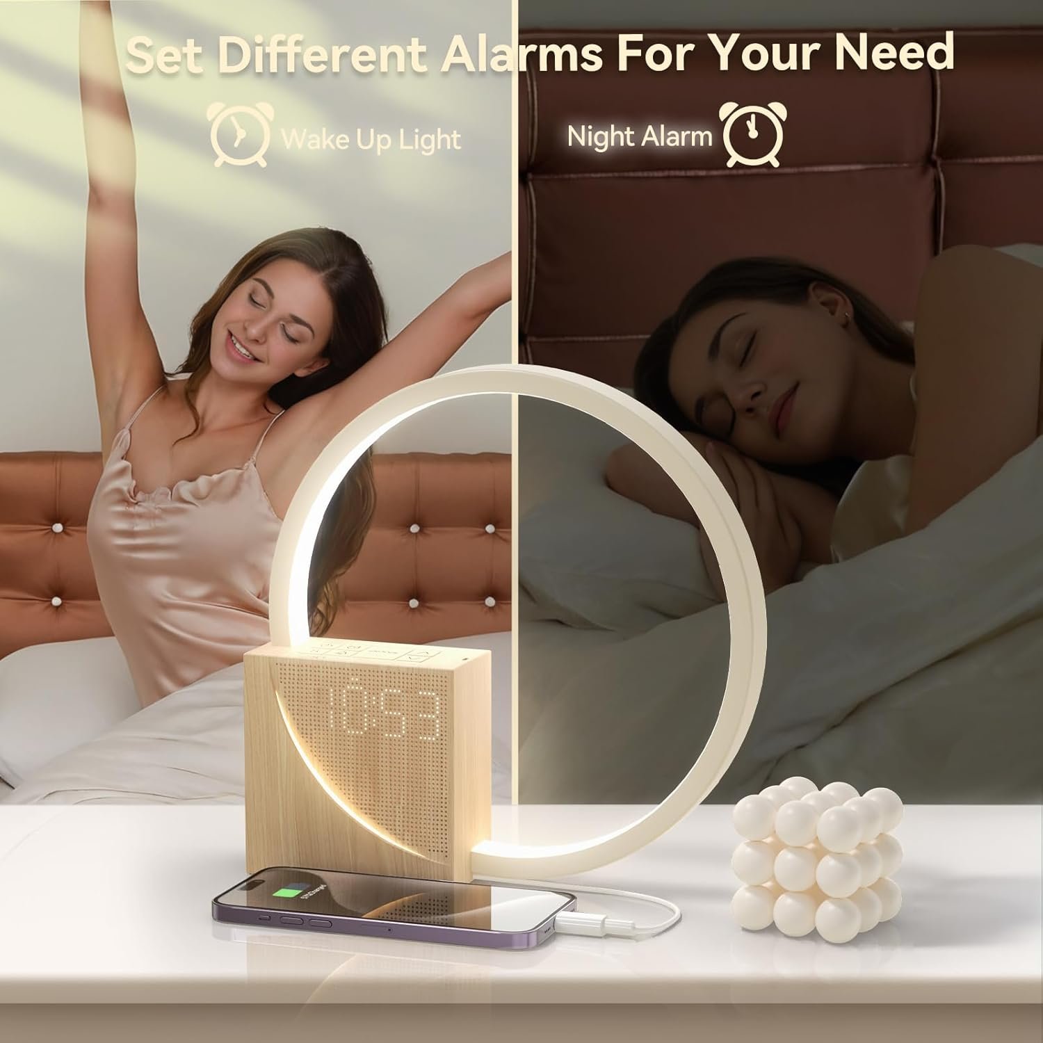 Vivilumens Reloj despertador Sunrise para adultos que duermen pesados, luz de despertador, ayuda para dormir, 10 máquinas de sonido de ruido blanco con temporizador 30/60/90, lámpara de mesa táctil - Imagen 3