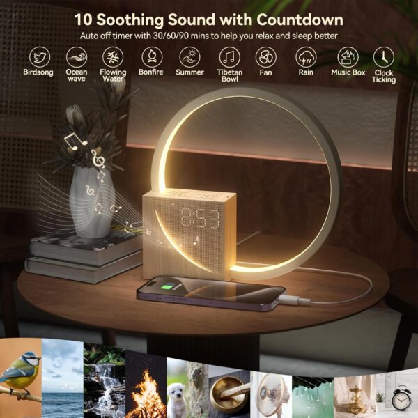Vivilumens Reloj despertador Sunrise para adultos que duermen pesados, luz de despertador, ayuda para dormir, 10 máquinas de sonido de ruido blanco con temporizador 30/60/90, lámpara de mesa táctil - Imagen 4