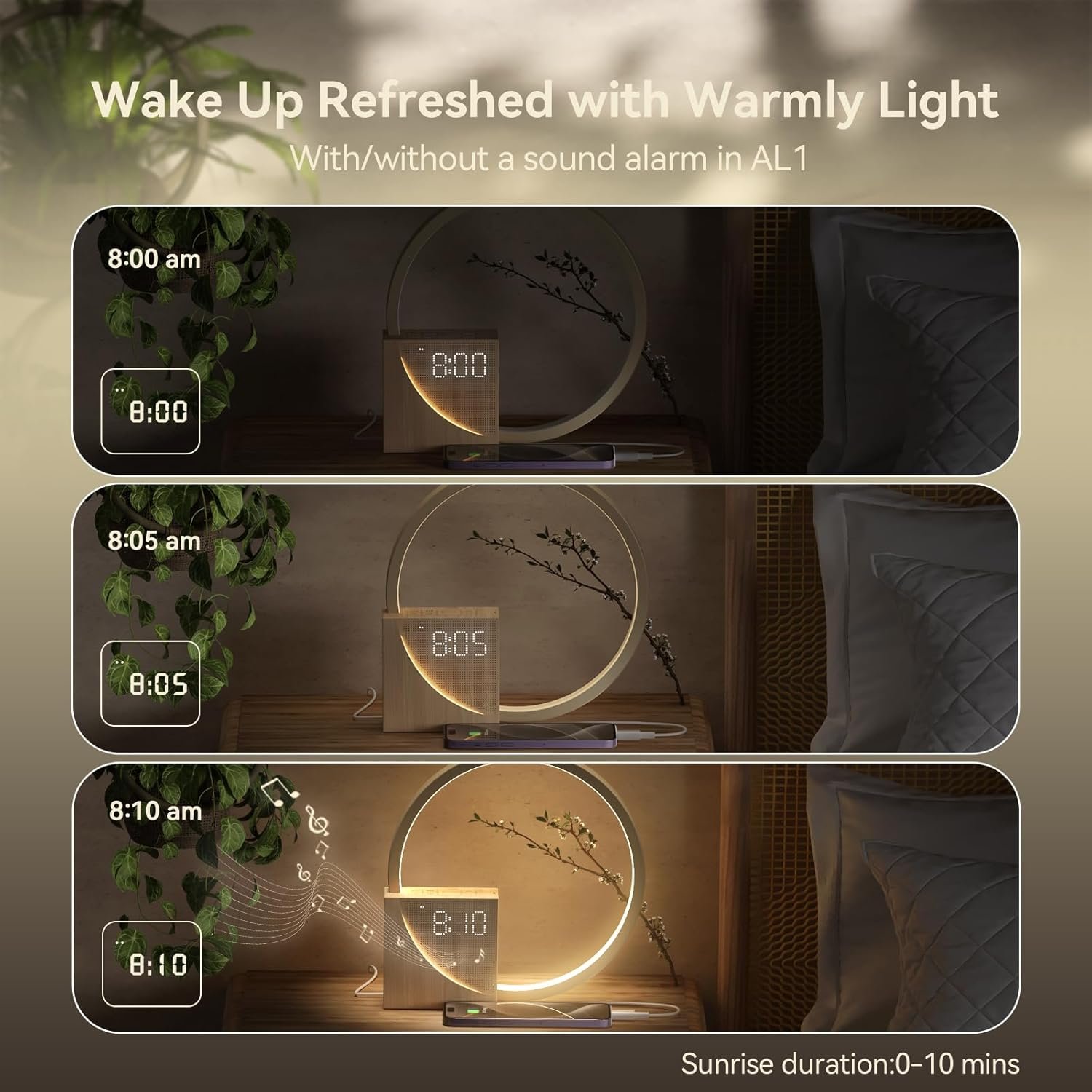 Vivilumens Reloj despertador Sunrise para adultos que duermen pesados, luz de despertador, ayuda para dormir, 10 máquinas de sonido de ruido blanco con temporizador 30/60/90, lámpara de mesa táctil - Imagen 5