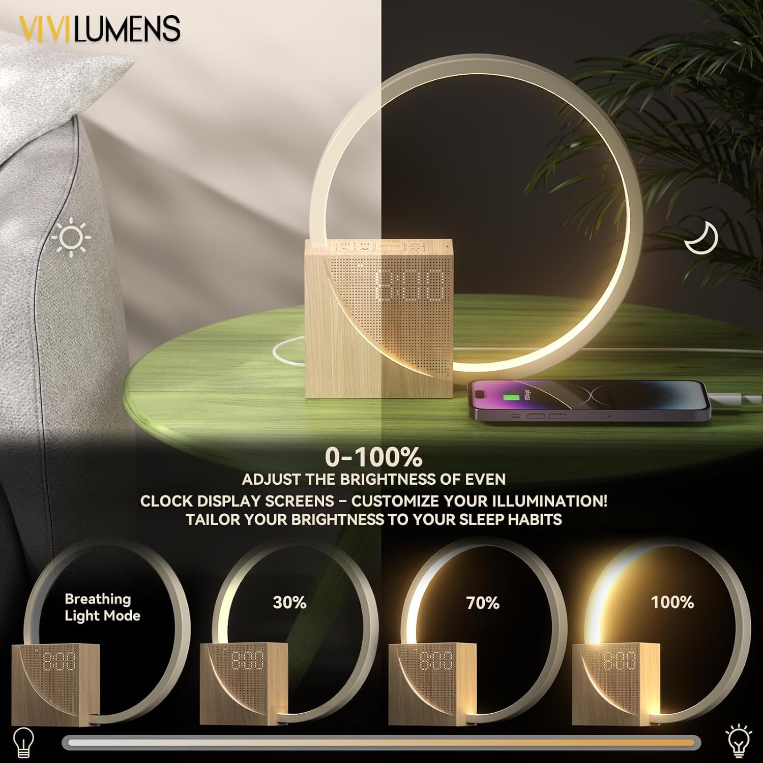 Vivilumens Reloj despertador Sunrise para adultos que duermen pesados, luz de despertador, ayuda para dormir, 10 máquinas de sonido de ruido blanco con temporizador 30/60/90, lámpara de mesa táctil - Imagen 6