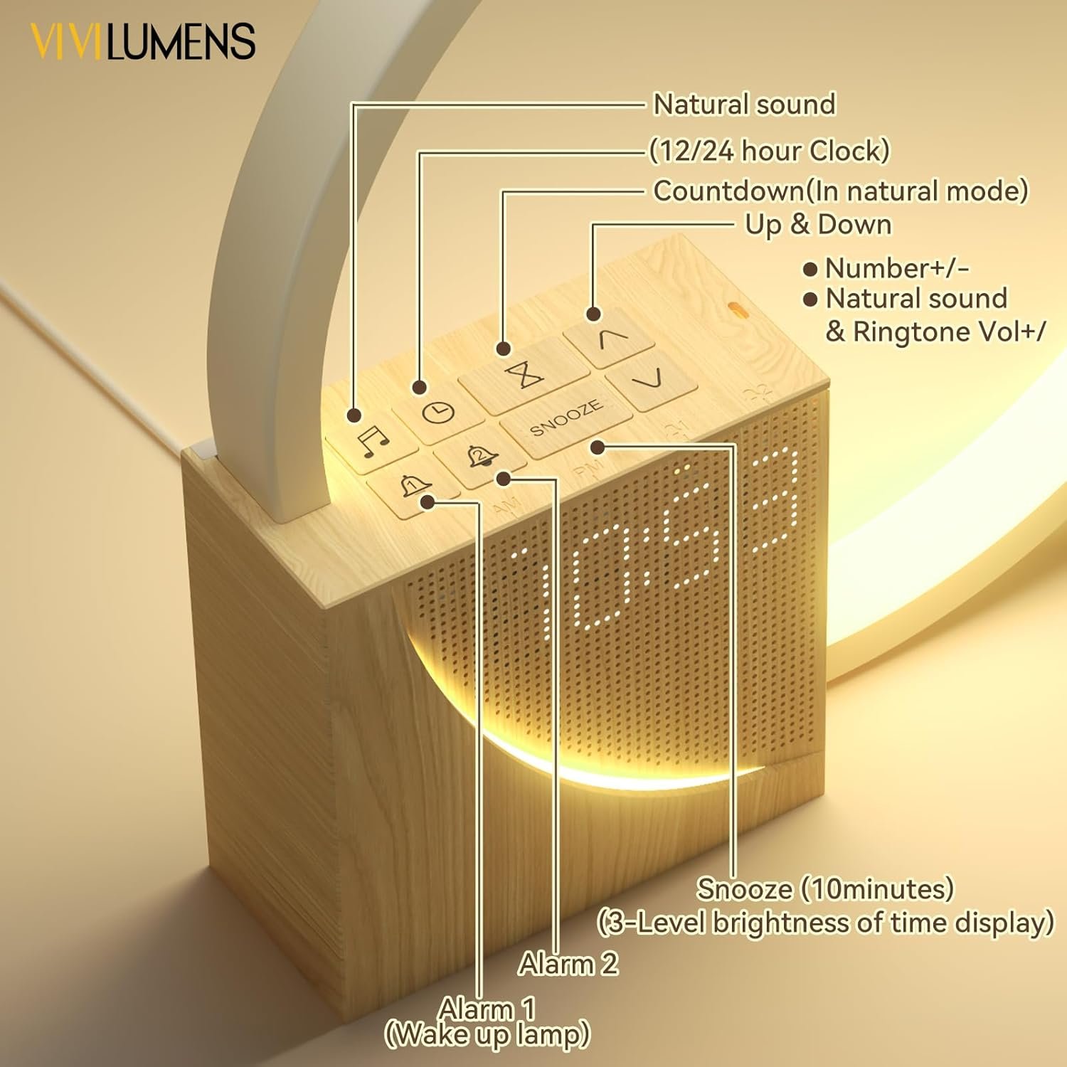 Vivilumens Reloj despertador Sunrise para adultos que duermen pesados, luz de despertador, ayuda para dormir, 10 máquinas de sonido de ruido blanco con temporizador 30/60/90, lámpara de mesa táctil - Imagen 8