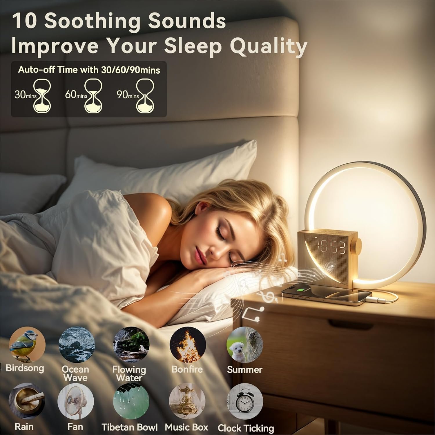Vivilumens Reloj despertador Sunrise para adultos que duermen pesados, luz de despertador, ayuda para dormir, 10 máquinas de sonido de ruido blanco con temporizador 30/60/90, lámpara de mesa táctil - Imagen 10