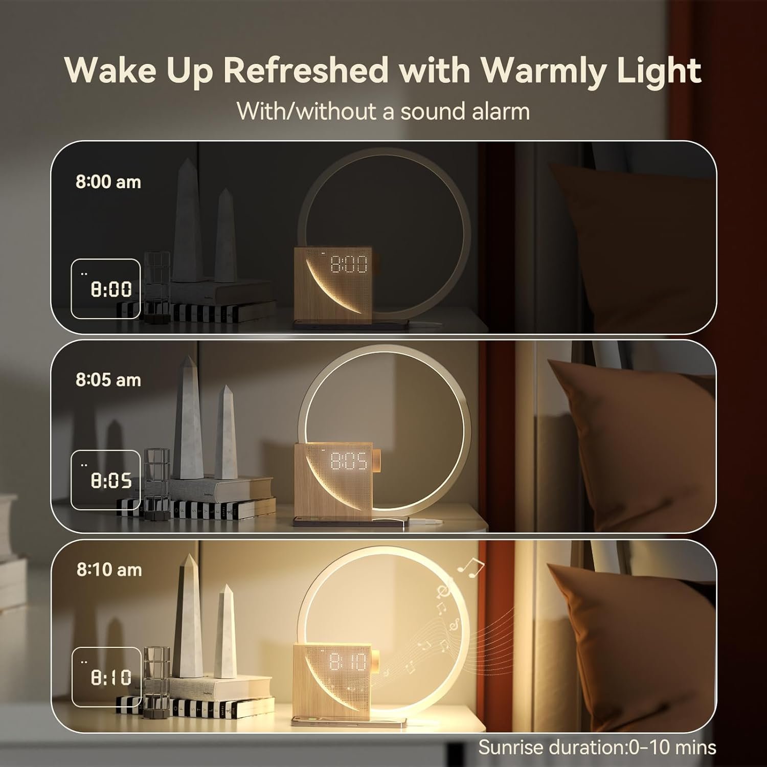 Vivilumens Reloj despertador Sunrise para adultos que duermen pesados, luz de despertador, ayuda para dormir, 10 máquinas de sonido de ruido blanco con temporizador 30/60/90, lámpara de mesa táctil - Imagen 12