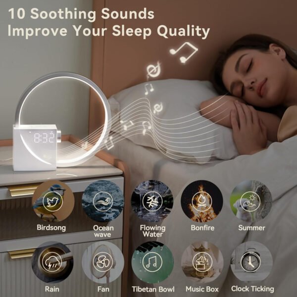 Vivilumens Reloj despertador Sunrise para adultos que duermen pesados, luz de despertador, ayuda para dormir, 10 máquinas de sonido de ruido blanco con temporizador 30/60/90, lámpara de mesa táctil - Imagen 18