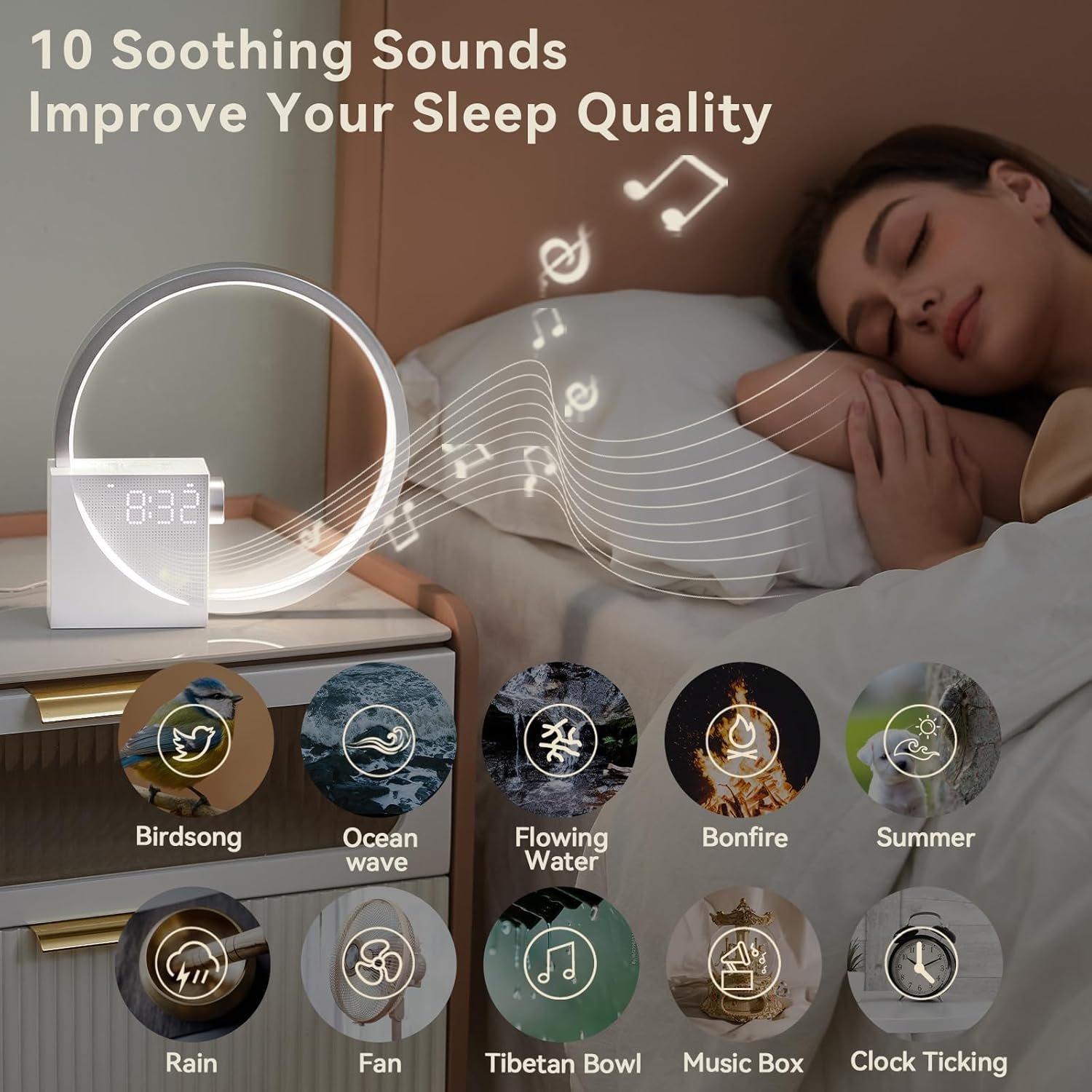 Vivilumens Reloj despertador Sunrise para adultos que duermen pesados, luz de despertador, ayuda para dormir, 10 máquinas de sonido de ruido blanco con temporizador 30/60/90, lámpara de mesa táctil - Imagen 18