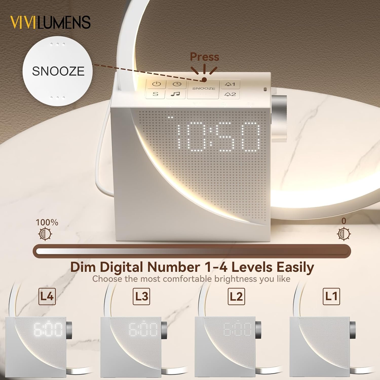 Vivilumens Reloj despertador Sunrise para adultos que duermen pesados, luz de despertador, ayuda para dormir, 10 máquinas de sonido de ruido blanco con temporizador 30/60/90, lámpara de mesa táctil - Imagen 19