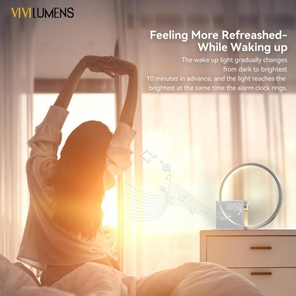 Vivilumens Reloj despertador Sunrise para adultos que duermen pesados, luz de despertador, ayuda para dormir, 10 máquinas de sonido de ruido blanco con temporizador 30/60/90, lámpara de mesa táctil - Imagen 21