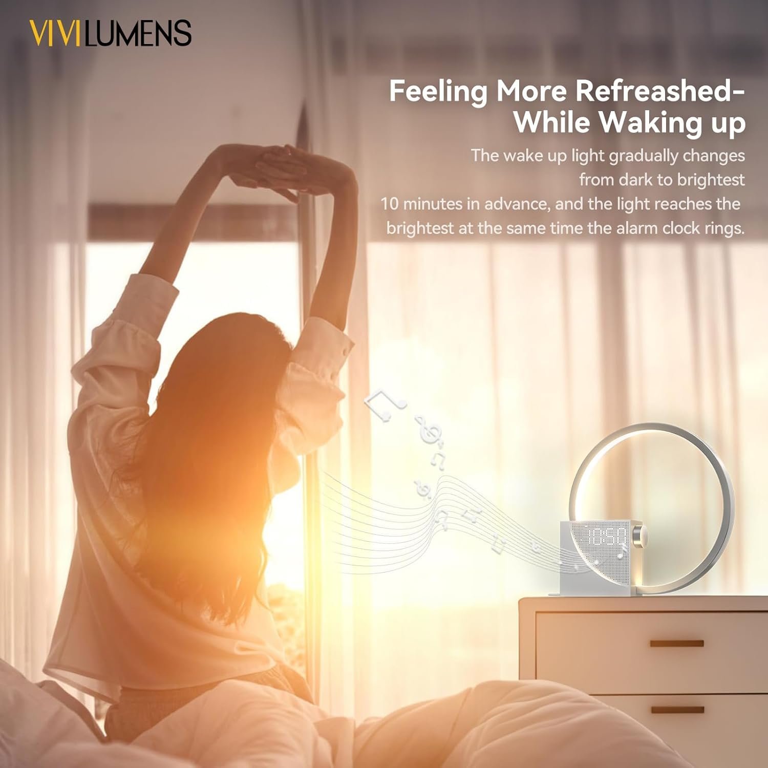 Vivilumens Reloj despertador Sunrise para adultos que duermen pesados, luz de despertador, ayuda para dormir, 10 máquinas de sonido de ruido blanco con temporizador 30/60/90, lámpara de mesa táctil - Imagen 21