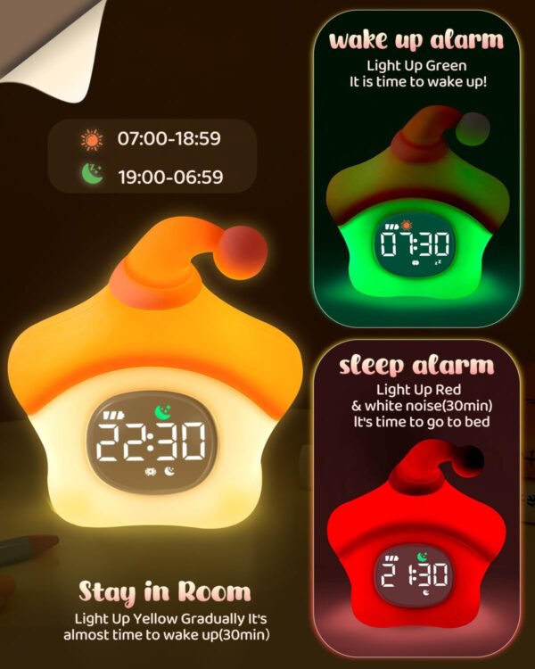 Reloj despertador de estrellas con luz nocturna para niños con entrenamiento del sueño y máquina de sonido, lámpara de silicona recargable para despertar, bonita lámpara de mesa de animales, compañero - Imagen 3