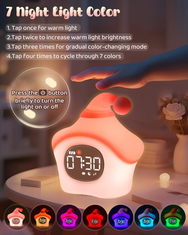 Reloj despertador de estrellas con luz nocturna para niños con entrenamiento del sueño y máquina de sonido, lámpara de silicona recargable para despertar, bonita lámpara de mesa de animales, compañero - Imagen 5