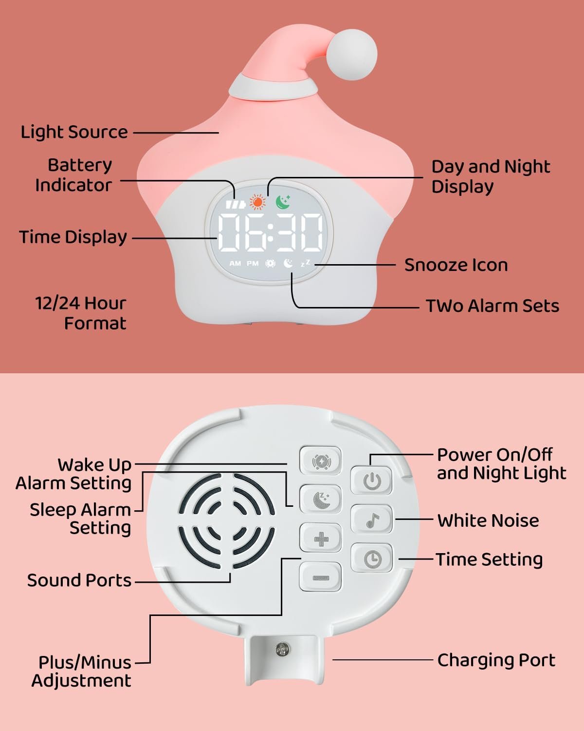 Reloj despertador de estrellas con luz nocturna para niños con entrenamiento del sueño y máquina de sonido, lámpara de silicona recargable para despertar, bonita lámpara de mesa de animales, compañero - Imagen 9