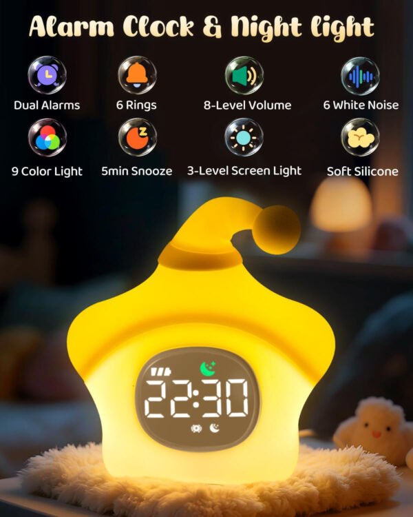 Reloj despertador de estrellas con luz nocturna para niños con entrenamiento del sueño y máquina de sonido, lámpara de silicona recargable para despertar, bonita lámpara de mesa de animales, compañero - Imagen 11