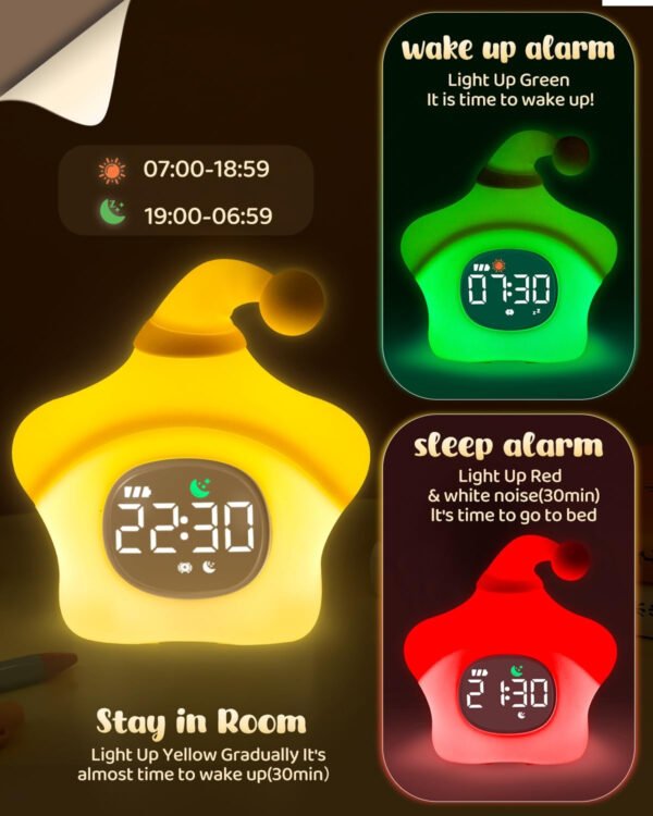 Reloj despertador de estrellas con luz nocturna para niños con entrenamiento del sueño y máquina de sonido, lámpara de silicona recargable para despertar, bonita lámpara de mesa de animales, compañero - Imagen 12