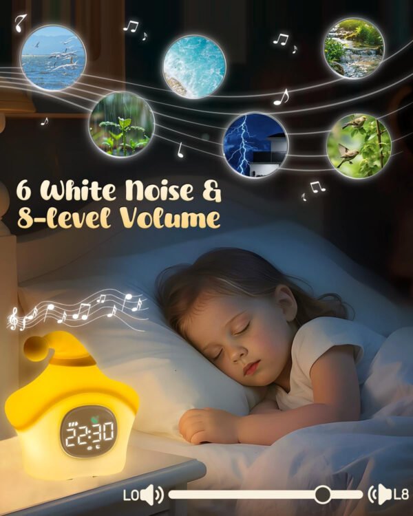 Reloj despertador de estrellas con luz nocturna para niños con entrenamiento del sueño y máquina de sonido, lámpara de silicona recargable para despertar, bonita lámpara de mesa de animales, compañero - Imagen 13