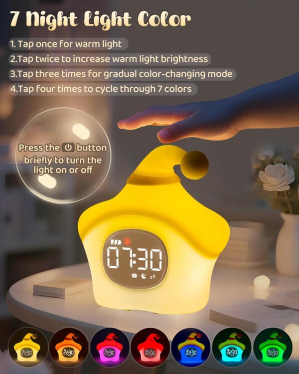 Reloj despertador de estrellas con luz nocturna para niños con entrenamiento del sueño y máquina de sonido, lámpara de silicona recargable para despertar, bonita lámpara de mesa de animales, compañero - Imagen 14