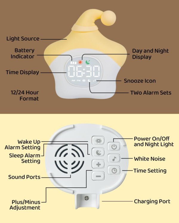 Reloj despertador de estrellas con luz nocturna para niños con entrenamiento del sueño y máquina de sonido, lámpara de silicona recargable para despertar, bonita lámpara de mesa de animales, compañero - Imagen 18