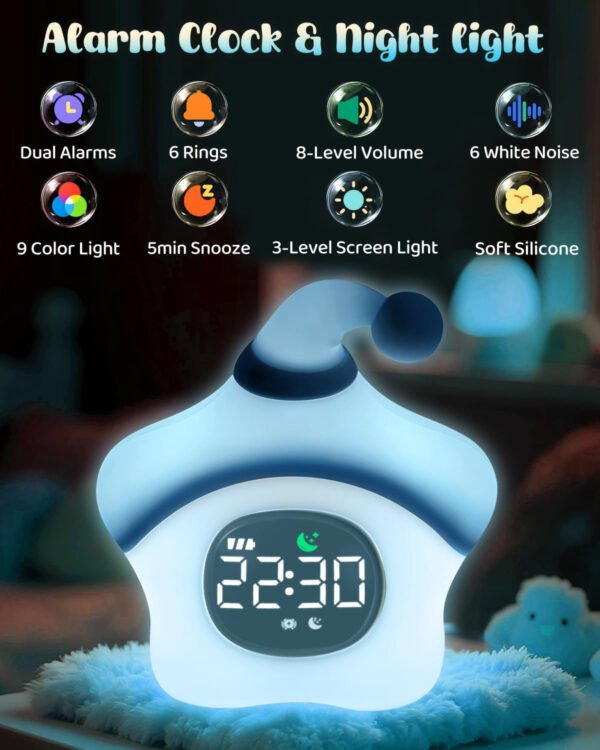 Reloj despertador de estrellas con luz nocturna para niños con entrenamiento del sueño y máquina de sonido, lámpara de silicona recargable para despertar, bonita lámpara de mesa de animales, compañero - Imagen 20