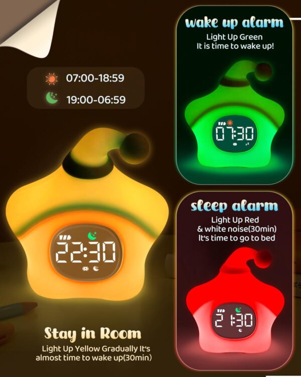 Reloj despertador de estrellas con luz nocturna para niños con entrenamiento del sueño y máquina de sonido, lámpara de silicona recargable para despertar, bonita lámpara de mesa de animales, compañero - Imagen 21