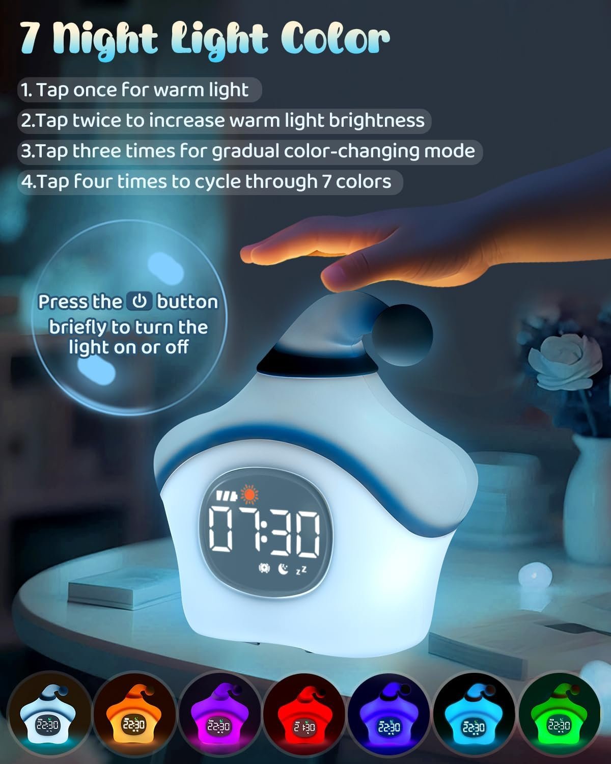 Reloj despertador de estrellas con luz nocturna para niños con entrenamiento del sueño y máquina de sonido, lámpara de silicona recargable para despertar, bonita lámpara de mesa de animales, compañero - Imagen 23